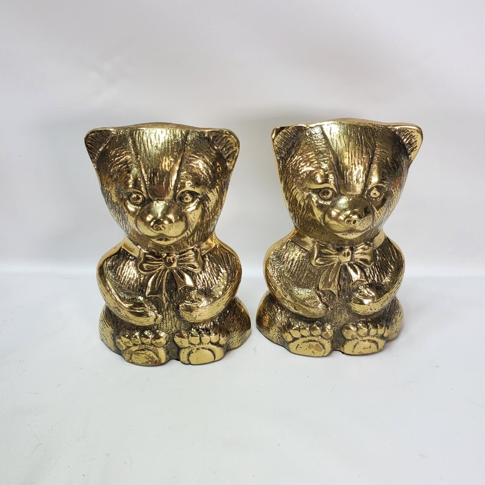 Vintage Pair of Heavy Solid Brass Teddy Bear‎ Book Ends (brass bears)